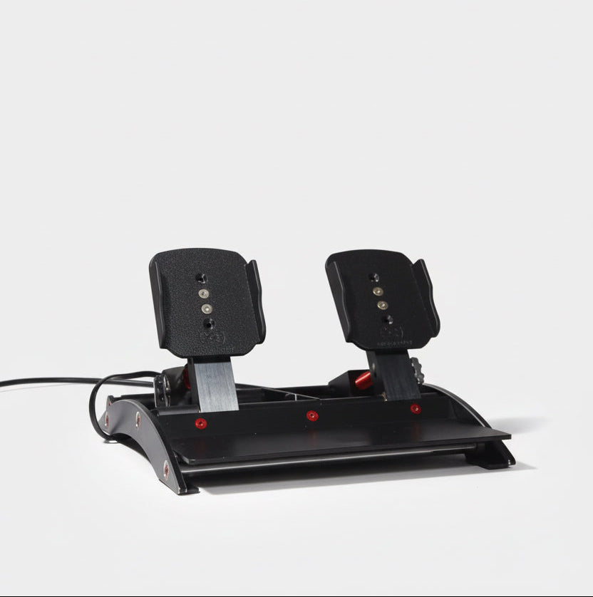 Black flight simulator pedal set on a white background